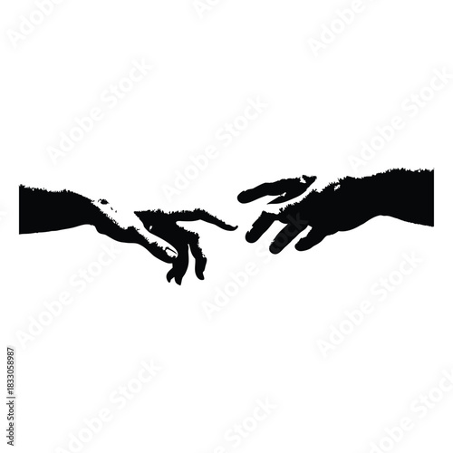 Black and white vector illustration of two human hands reaching out to each other in classic vintage style