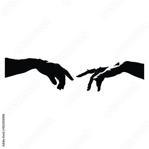 Black and white vector illustration of two human hands reaching out to each other in classic vintage style