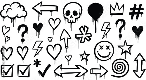 Edgy graffiti elements for urban design projects, a grungy street art collection with hand-drawn icons, perfect for stickers, and trendy graphic overlays