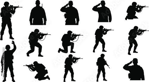 Military soldier silhouettes in various tactical poses, saluting, aiming weapons, patrolling, kneeling, standing, and performing combat training actions for security illustrations.