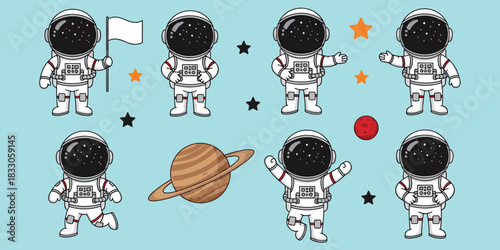 Cartoon astronauts, space exploration, white suits, planets and stars, cosmic adventure, playful poses, educational theme, flat vector illustration