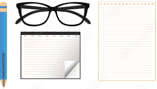 Vector Set of Eyeglasses, Pencil, and Lined Notepads on White Background