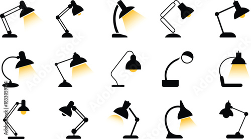 Collection of black desk lamp illustrations on white background featuring a variety of styles and designs for interior decor study or office lighting concepts