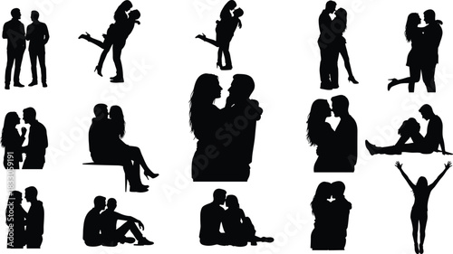 Romantic couple silhouettes in various loving poses, expressing affection, intimacy, togetherness, relationship bonding, happiness, unity, romance, passion, and emotional connection.