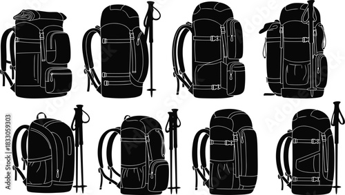 Backpack silhouettes with trekking poles, hiking gear, outdoor equipment, black outline, travel bags, compartments, straps, rugged design, utility