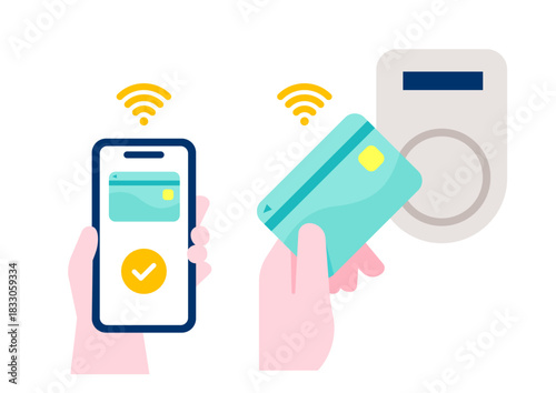 タッチ決済をする手元とクレジットカードのイメージイラスト