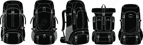 Backpack silhouettes, travel gear, hiking bags, black outline, compartments, straps, zipper pockets, rugged design, outdoor utility, vintage style, modern