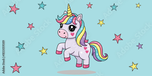 Cartoon unicorn, pastel rainbow mane, golden horn, prancing pose, magical stars, cute hearts, fantasy theme, flat vector illustration