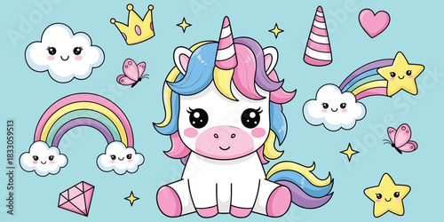 Cute unicorn, magical cartoon elements, smiling clouds, pastel rainbow, fantasy icons, butterflies, stars, heart, diamond, flat vector illustration