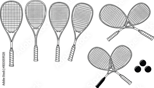 Squash rackets and balls outline vector collection, line art drawing of sport equipment for the indoor court game design illustration on white.