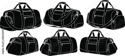 "Duffel bag silhouettes, travel gear, gym bags, cylindrical design, shoulder strap, zippered compartments, modern luggage, black outline style"