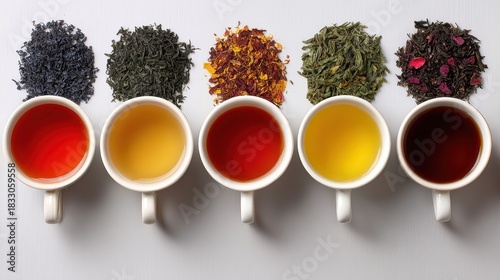 Five cups of various teas are arranged next to their corresponding dry leaves. Showcase different tea varieties, flavors, and brewing strengths.