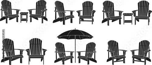 Vector Adirondack chair and umbrella silhouette set, outdoor wooden furniture with side table for patio, garden, summer leisure, and backyard design