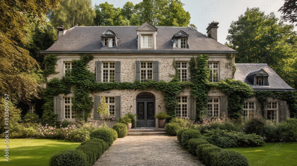 Obraz premium Refined Luxembourg countryside estate with symmetrical stone design dormer windows and ivy along the walls