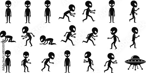 Vector alien and extraterrestrial silhouette set collection, space creature figures standing, walking, and running poses with flying saucer for sci-fi design.