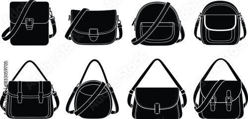 Handbag silhouettes, fashion accessories, stylish purses, trendy bags, designer shapes, elegant styles, retail catalog, black outline, minimalist design, modern collection