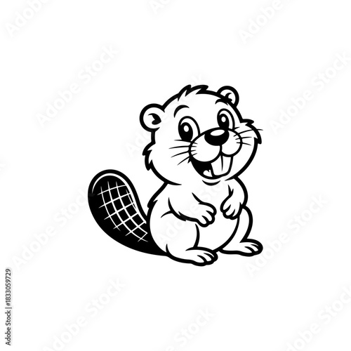 A simple black and white vector drawing of a cute happy smiling beaver mascot with large teeth and a paddle shaped tail. The style is childlike and minimalist.