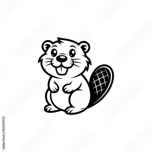 A simple black and white vector drawing of a cute happy smiling beaver mascot with large teeth and a paddle shaped tail. The style is childlike and minimalist.