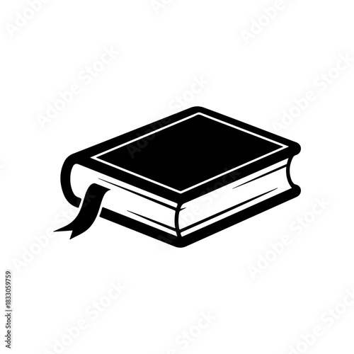 A simple black and white vector icon of a closed hardback book lying down with a ribbon bookmark sticking out. The design is minimalist and represents learning or reading.