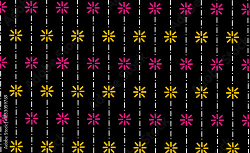 A modern and minimalist pattern featuring floral shapes alternating with dotted lines against a black background. The floral elements are in pink and yellow, creating a vibrant and eye catching design