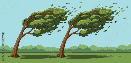 Windy weather illustration, bending trees, flying leaves, nature impact, outdoor scene, strong gusts, flat vector art, environmental theme