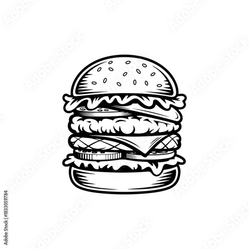 A simple black and white vector icon of a tall stacked double or triple cheeseburger with layers of bun lettuce cheese patties and vegetables. The style is bold and retro.
