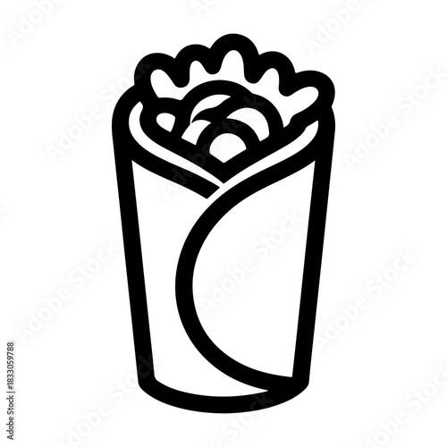 A bold black and white vector illustration of a vertically oriented burrito or wrap filled with meat beans rice and lettuce. The food is wrapped tightly in a tortilla.