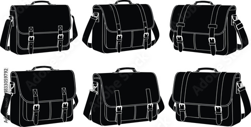 Messenger bag silhouettes, black outline, flap closures, buckle straps, shoulder handles, satchel style, fashion gear, utility, modern, structured design