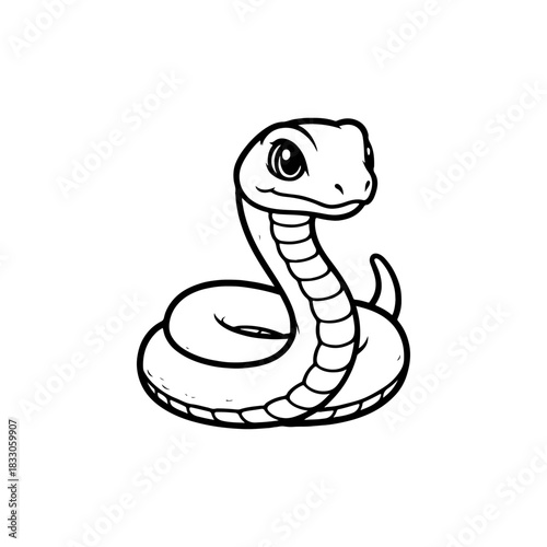 A simple black and white vector drawing of a cute happy friendly coiled cartoon snake mascot with large eyes and tongue flicking out. The style is childlike and minimalist.
