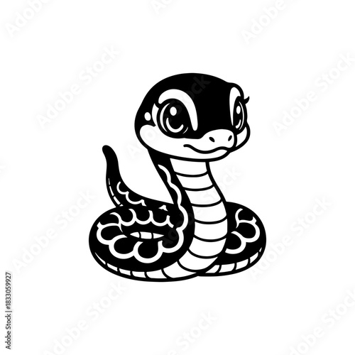 A simple black and white vector drawing of a cute happy friendly coiled cartoon snake mascot with large eyes and tongue flicking out. The style is childlike and minimalist.