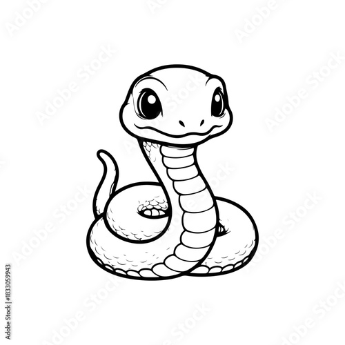 A simple black and white vector drawing of a cute happy friendly coiled cartoon snake mascot with large eyes and tongue flicking out. The style is childlike and minimalist.