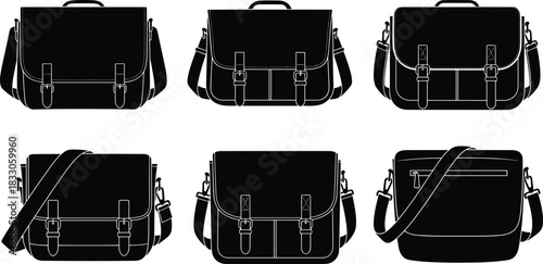 Messenger bag silhouettes, satchel designs, black outline, flap closures, buckles, shoulder straps, zipper pockets, fashion gear, utility, modern, vintage