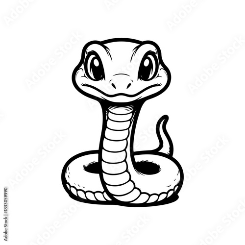 A simple black and white vector drawing of a cute happy friendly coiled cartoon snake mascot with large eyes and tongue flicking out. The style is childlike and minimalist.
