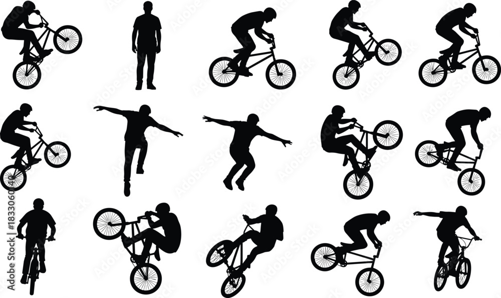 Obraz premium Vector BMX bicycle rider silhouette set collection, extreme sport athletes performing stunts, tricks, and riding on bike for cycling design illustration.