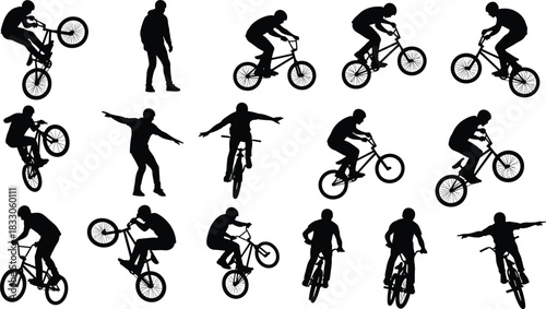 Vector BMX bicycle rider silhouette set collection, extreme sport athletes performing stunts, tricks, and riding on bike for cycling design illustration.