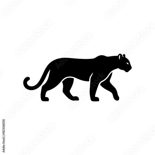 A bold black vector silhouette of a prowling or walking black panther cougar or mountain lion. The design is simple and dynamic representing speed power and wild nature.