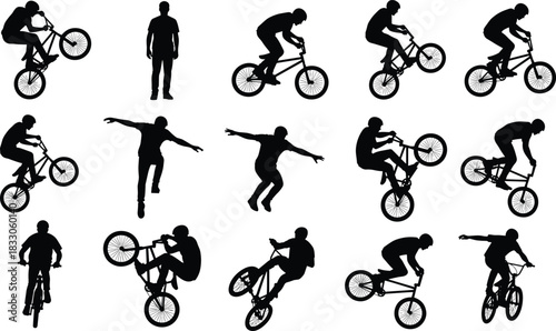Vector BMX bicycle rider silhouette set collection, extreme sport athletes performing stunts, tricks, and riding on bike for cycling design illustration.