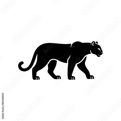 A bold black vector silhouette of a prowling or walking black panther cougar or mountain lion. The design is simple and dynamic representing speed power and wild nature.