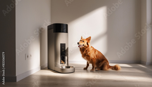 Smart Pet Feeder with Happy Dog in Modern Home Interior, Automatic Dispenser, Domestic Animal, Healthy Diet Concept, Pet Care