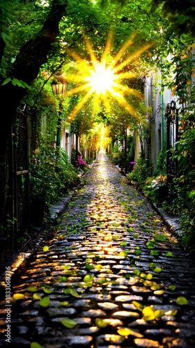 Sunlit cobblestone path serenity garden photograph nature eye-level tranquil journey