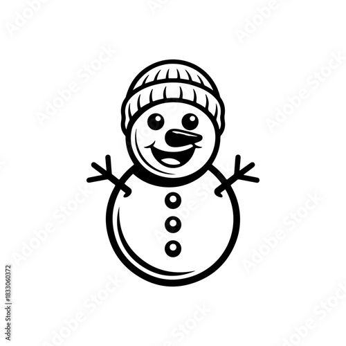 A simple black and white vector drawing of a cute happy smiling two-ball snowman mascot wearing a knit bobble hat with its stick arms raised. The style is childlike.