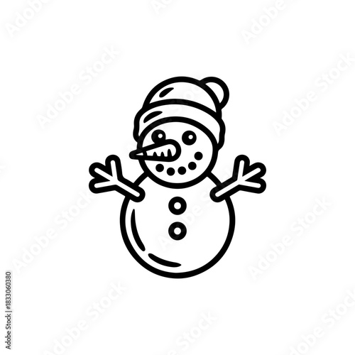 A simple black and white vector drawing of a cute happy smiling two-ball snowman mascot wearing a knit bobble hat with its stick arms raised. The style is childlike.
