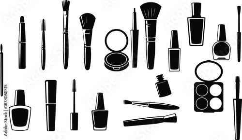 Makeup tools and cosmetics silhouette set, beauty illustration collection, brushes, eyeliner, mascara, nail polish, powder compact, fashion design elements, vector icons pack