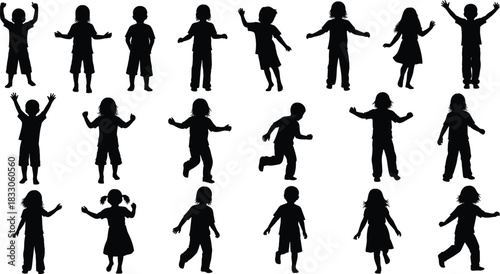 Vector children and kids silhouette set collection, young boys and girls running, jumping, and playing poses for education, fun, and childhood design.