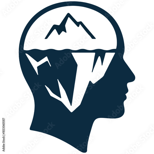 Subconscious Mind Icon a human head silhouette containing an iceberg, symbolizing the subconscious mind and the hidden depth of thoughts, emotions, and mental processes below the surface