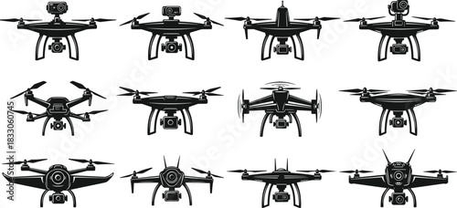 Vector drone and quadcopter silhouette set collection, unmanned aerial vehicle (UAV) with camera for aerial photography and video technology illustration.