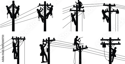 Vector electrician and power line worker silhouette collection, man climbing utility pole installing cables for electrical service and professional job design.