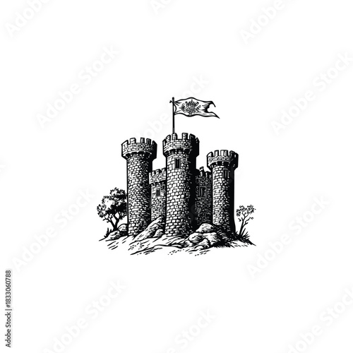 Classic vintage woodcut illustration of a medieval stone castle with high turreted towers and battlements, resting on a rocky mound
