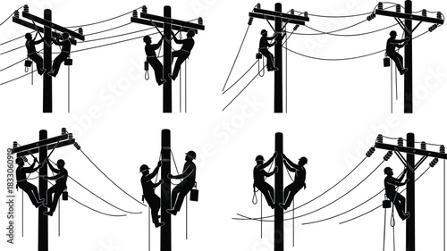 Vector electrician and power line worker silhouette collection, man climbing utility pole installing cables for electrical service and professional job design.