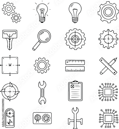Collection of hand drawn engineering and technical icons